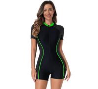 Odizli Badeanzug Damen mit Bein Kurzarm Reissverschluss Sport Bauchweg Schwimmanzug Badeanzüge mit Cups Frauen Muslim Burkini Bademode Neopren Kurz Neoprenanzug Surfanzug Schwarz Grau Grün XL