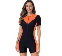 Odizli Badeanzug Damen mit Bein Kurzarm Reissverschluss Sport Bauchweg Schwimmanzug Badeanzüge mit Cups Frauen Muslim Burkini Bademode Neopren Kurz Neoprenanzug Surfanzug Schwarz Orange XS