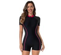 Odizli Badeanzug Damen mit Bein Kurzarm Reissverschluss Sport Bauchweg Schwimmanzug Badeanzüge mit Cups Frauen Muslim Burkini Bademode Neopren Kurz Neoprenanzug Surfanzug Schwarz Grau Rot M