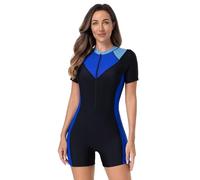Odizli Badeanzug Damen mit Bein Kurzarm Reissverschluss Sport Bauchweg Schwimmanzug Badeanzüge mit Cups Frauen Muslim Burkini Bademode Neopren Kurz Neoprenanzug Surfanzug Schwarz Königsblau XL