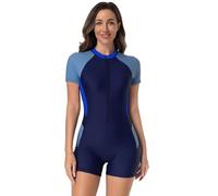 Odizli Badeanzug Damen mit Bein Kurzarm Reissverschluss Sport Bauchweg Schwimmanzug Badeanzüge mit Cups Frauen Muslim Burkini Bademode Neopren Kurz Neoprenanzug Surfanzug Blau Königsblau L