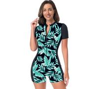 Odizli Badeanzug Damen mit Bein Kurzarm Reissverschluss Sport Bauchweg Schwimmanzug Badeanzüge mit Cups Frauen Muslim Burkini Bademode Neopren Kurz Neoprenanzug Surfanzug Große Größe Schwarz Grün XL