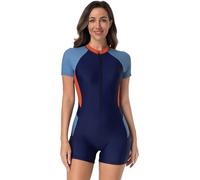 Odizli Badeanzug Damen mit Bein Kurzarm Reissverschluss Sport Bauchweg Schwimmanzug Badeanzüge mit Cups Frauen Muslim Burkini Bademode Neopren Kurz Neoprenanzug Surfanzug Marineblau Orange XL