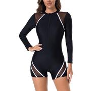 Odizli Badeanzug Damen mit Bein Langarm Reissverschluss Sport Bauchweg Schwimmanzug Badeanzüge mit Cups Frauen Muslim Burkini Bademode Neopren Kurz Neoprenanzug Surfanzug Große Größe Schwarz Weiß M