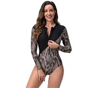 Odizli Badeanzug mit Bein Schwimmanzug Damen Burkini Muslimische Islamische Muslim Frauen Langarm/Kurzarm Blumen Druck Zip Up Neopren Kurz Neoprenanzug Rashguard Surfer Bademode Surfanzug Braun #9 M