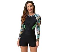 Odizli Badeanzug mit Bein Schwimmanzug Damen Burkini Muslimische Islamische Muslim Frauen Langarm/Kurzarm Blumen Druck Zip Up Neopren Kurz Neoprenanzug Rashguard Surfer Bademode Surfanzug Grün #12 S