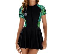 Odizli Badekleid Damen Große Größe Muslim Kurzarm Reißverschluss Bauchweg Badeanzug mit Cups Bein Rock Sommer Einteiler Schwimmanzug Bademode Strandmode Schwimmrock Schwimmkleid Schwarz Grün XL
