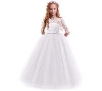 Odizli Blumenmädchenkleider Kinder Mädchen 3/4 Ärmel Spitze Tüllkleid Prinzessin Kleid Festlich Hochzeit Brautjungfer Erstkommunion Geburtstag Party Abendkleid Lang Ballkleid Weiß 11-12 Jahre