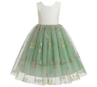 Odizli Blumenmädchenkleider Kinder Mädchen Ärmellos Stickerei Spitze Rückenfreies A-Linie Tüllkleid Prinzessin Kleid Festlich Hochzeit Erstkommunion Abendkleid Lang Ballkleid Grün 9-10 Jahre