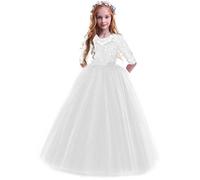 Odizli Blumenmädchenkleider Prinzessin Kleid Mädchen Kinder 3/4 Ärmel Spitze Tüllkleid Festliches Hochzeit Brautjungfer Erstkommunion Geburtstag Partykleid Langes Abendkleid Ballkleid Weiß 2-3 Jahre