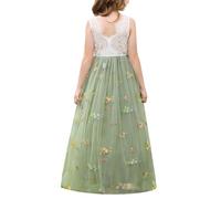 Odizli Blumenmädchenkleider Prinzessin Kleid Mädchen Kinder Ärmellos Spitze Rückenfreies A-Linie Tüllkleid Festlich Hochzeit Kommunionkleid Abendkleid Lang Ballkleid Grün Stickerei 5-6 Jahre