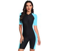 Odizli Burkini Damen Muslim Frauen Muslimische Badeanzug mit Bein Islamische Langarm/Kurzarm Zip Up Neopren Schwimmanzug Kurz Neoprenanzug UV Rashguard Surfer Bademode Blau S