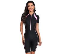 Odizli Burkini Damen Muslim Frauen Muslimische Badeanzug mit Bein Islamische Langarm/Kurzarm Zip Up Neopren Schwimmanzug Kurz Neoprenanzug UV Rashguard Surfer Bademode Schwarz Rosa M