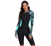 Odizli Burkini Damen Muslim Frauen Muslimische Badeanzug mit Bein Islamische Langarm/Kurzarm Zip Up Neopren Schwimmanzug Kurz Neoprenanzug UV Rashguard Surfer Bademode Grün-A M