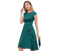 Odizli Cocktailkleid Damen Elegant Kurzarm Spitze Rüschen Chiffonkleid Hochzeitsgast Festlich Hochzeit Kurz Abendkleid Brautjungfernkleider Ballkleid Abschlusskleid Jugendweihe Kleider Pfauenblau L