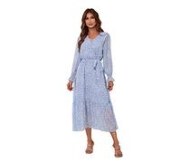Odizli Damen Elegant Langarm V-Ausschnitt Wickelkleid Blumenkleid Swing Chiffonkleid Sommerkleid Herbstkleid Freizeitkleid Maxikleid Midikleid Festlich Hochzeit Hochzeitsgast Lang Abendkleid Blau L