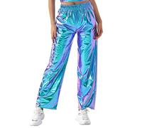 Odizli Damen Glitzer Metallic Hose Cargohose Sporthose 70er 80er 90er Jahre Lederhose High Waist Hologramm Hip Hop Jogginghose Sweathose Tanzhosen Festival Rave Party Disco Clubwear Blau L