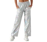 Odizli Damen Glitzer Metallic Hose Cargohose Sporthose 70er 80er 90er Jahre Lederhose High Waist Hologramm Hip Hop Jogginghose Sweathose Tanzhosen Festival Rave Party Disco Clubwear Silber Weiß M