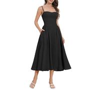 ODIZLI Damen-Korsettkleid, Sommerkleid, Spaghettiträger, tief geschnitten, Bustier, Cami, Midi-Kleid mit Taschen, einfarbig/Blumendruck, Schwarze Riemen, rückenfrei, Klein