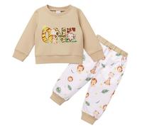 Odizli Erster 1. Geburtstag Junge Outfit Baby Wild One Safari Wald Dschungel Langarm Pullover + Hosen Bekleidungsset 1 Jahr Geschenk Herbst Winter Kleidung Babykleidung Khaki Weiß 12-18 Monate