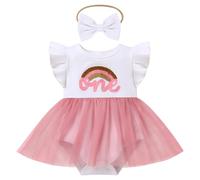 Odizli Erster 1. Geburtstag Mädchen Outfit Sommer Flügelärmel Geripptes One 1 Jahr Strampler Kleid Tüllkleid + Stirnband Bekleidungssets Babykleidung Baby Fotoshooting Regenbogen 12-18 Monate