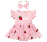 Odizli Erster 1. Geburtstag Mädchen Outfit Sommer Flügelärmel Geripptes One 1 Jahr Strampler Kleid Tüllkleid + Stirnband Bekleidungssets Babykleidung Baby Fotoshooting Erdbeere 9-12 Monate