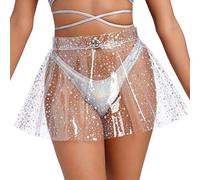 Odizli Festival Outfit Damen Rave Techno Sexy Holographic Transparent Kurz Rock High Waist Minirock Y2K Glitzer Faltenrock Teenager Mädchen Pole Dance Party Clubwear Karneval Kostüm Stern M