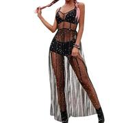 Odizli Festival Outfit Damen Rave Techno Sexy Transparent Mesh Glitzer Sterne Pailletten Gothic Rock Tüllrock Lang Kleid Teenager Mädchen Party Streetwear Clubwear Sommer Bikini Cover Up Schwarz#A M