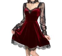 Odizli Gothic Kleid Damen Schwarz Sexy Steampunk Samtkleid Langarm Spitze Partykleid Frauen Lolita Punk Y2K A Linie Minikleid Fairy Grunge Halloween Vampir Cosplay Kostüm Gothic Kleidung Weinrot L