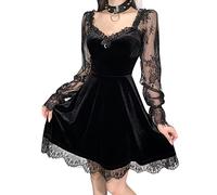 Odizli Gothic Kleid Damen Schwarz Sexy Steampunk Samtkleid Langarm Spitze Partykleid Frauen Lolita Punk Y2K A Linie Minikleid Fairy Grunge Halloween Vampir Cosplay Kostüm Gothic Kleidung Schwarz L