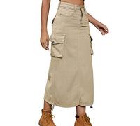 Odizli Jeansrock Damen Lang Y2K Cargo Rock Vintage Denim Kordelzug Rüschen High Waist Bleistift Midi Maxi Röcke Klamotten Teenager Mädchen Frauen Sommer Casual Streetwear mit Taschen Khaki XXL