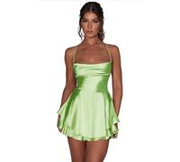 Odizli Jumpsuit Damen Kurz Frühling Sommer Sexy Spaghettiträger Rückenfreie Satin Kleider Minikleid Party Einfarbig Overall Romper Sommerkleid Festlich Hochzeit Hochzeitsgast Partykleid Grün S