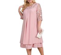 Odizli Kleider Große Größen Damen Mollige Frauen Elegant Blume Stickerei 3/4 Ärmel Chiffonkleid Hochzeit Hochzeitsgast Festlich Coctailkleid Abendkleid Abschlusskleider Brautmutterkleider Rosa XL