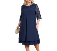 Odizli Kleider Große Größen Damen Mollige Frauen Elegant Sommer Blume Stickerei 3/4 Ärmel Chiffonkleid Hochzeit Hochzeitsgast Festlich Coctailkleid Kurz Abendkleid Brautmutterkleider Marineblau XXL