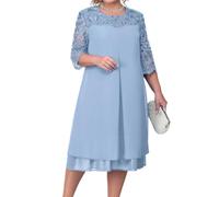 Odizli Kleider Große Größen Damen Mollige Frauen Elegant Sommer Mesh Blume Stickerei 3/4 Ärmel Chiffonkleid Hochzeit Hochzeitsgast Festlich Coctailkleid Kurz Abendkleid Brautmutterkleider Blau XL