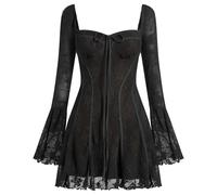 Odizli Korsett Kleid Damen Elegant Herbst Langarm Blume Spitzenkleid Minikleid Kurz Herbstkleid Festlich Hochzeit Hochzeitsgste Partykleid Y2K Aesthetic Cottagecore Corset Milkmaid Dress Schwarz L