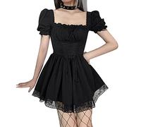 Odizli Korsett Kleid Damen Sommer Kurzarm Gothic Steampunk Punk Y2K Swing A Linie Minikleid Partykleid Kurz Sommerkleid Frauen Fairy Grunge Halloween Vampir Cosplay Kleidung Clubwear Schwarz M