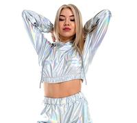 Odizli Metallic Oberteil Damen Glitzer Wetlook 80er 90er Jahre Kleidung Party Disco Festival Rave Outfit Hologramm Hip Hop Langarm Sweatshirt Hoodie Kurze Sweater mit Kapuze Clubwear Laser Silber XL