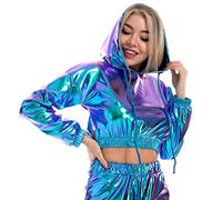 Odizli Metallic Oberteil Damen Glitzer Wetlook 80er 90er Jahre Kleidung Party Disco Festival Rave Outfit Hologramm Hip Hop Langarm Sweatshirt Hoodie Kurze Sweater mit Kapuze Clubwear Laser Blau XXL