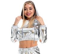Odizli Metallic Oberteil Damen Glitzer Wetlook 80er 90er Jahre Kleidung Party Disco Festival Rave Outfit Hologramm Hip Hop Langarm Crop Sweatshirt Hoodie Kurze Sweater mit Kapuze Clubwear Silber L
