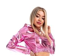 Odizli Metallic Oberteil Damen Glitzer Wetlook 80er 90er Jahre Kleidung Party Disco Festival Rave Outfit Hologramm Hip Hop Langarm Sweatshirt Hoodie Kurze Sweater Crop Top mit Kapuze Clubwear Rosa L