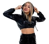 Odizli Metallic Oberteil Damen Glitzer Wetlook 80er 90er Jahre Kleidung Party Disco Festival Rave Outfit Hologramm Hip Hop Langarm Crop Sweatshirt Hoodie Kurze Sweater mit Kapuze Clubwear Schwarz XL