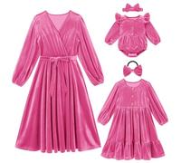 Odizli Mutter Tochter Kleid Damen Mädchen Baby Partnerlook Familien Outfit Elegant Herbst Winter Langarm Samtkleid Festlich Hochzeit Silvester Weihnachten Hochzeitsgast Abendkleid Rosenrot S