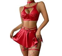 Odizli Rave Outfit Damen Sommer Sexy Bauchfreies Cutout BH Oberteil Crop Top + Lack und Leder Metallic Mini Rock Lederrock + Choker Frauen Pole Dance Party Club Techno Festival Set Rot L