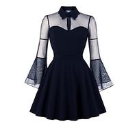 Odizli Rockabilly Kleider Damen 50er Jahre Elegant Vintage Sommer Mesh Langarm A Linie Sommerkleid Swing Petticoat Knielang Coctailkleid Hochzeit Festlich Hochzeitsgäste Kurz Abendkleid Dunkelblau 3XL