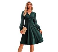 Odizli Rockabilly Kleider Damen 50er Jahre Herbst Vintage Elegant Retro Mesh Polka Dot Langarm V-Ausschnitt Swing Knielang Coctailkleid Festlich Hochzeit Hochzeitsgast Kurz Abendkleid Grün S