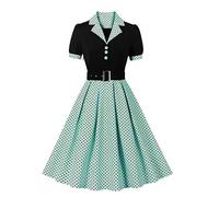 Odizli Rockabilly Kleider Damen 50er Jahre Petticoat Kleid Vintage Audrey Hepburn Kurzarm V-Ausschnitt Polka Dot Swing Coctailkleid Hochzeit Hochzeitsgast Festlich Knielang Abendkleid Grün S