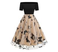 Odizli Rockabilly Kleider Damen 50er Jahre Petticoat Kleid Vintage Elegant Off Shoulder Mesh Tllkleid Swing Coctailkleid Festlich Hochzeit Hochzeitsgast Partykleid Kurz Abendkleid Schwarz Khaki L
