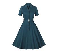 Odizli Rockabilly Kleider Damen 50er Jahre Vintage 60er Retro Audrey Hepburn Kurzarm A Line Swing Knielang Petticoat Coctailkleid Hochzeitsgast Kurz Abendkleid Sommerkleid mit Gürtel Pfauenblau L