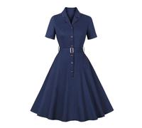 Odizli Rockabilly Kleider Damen 50er Jahre Vintage 60er Retro Audrey Hepburn Kurzarm A Line Swing Knielang Petticoat Coctailkleid Hochzeitsgast Kurz Abendkleid Sommerkleid mit Gürtel Dunkelblau XL